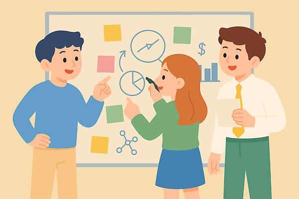 컨셉 회사 비즈니스 사무용품 메모지 작업 재산 파일형식 벡터 회의 아이디어 토론 화이트보드 포스트잇 계획 분석 서류판 직장 협력 업무 브레인스토밍 시간관리 프로젝트 그래프 돈 목표 성공 전략 국내일러스트 AI파일 일러스트