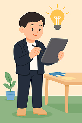 옷 가구 컨셉 비즈니스 사람 전자제품 스마트기기 파일형식 벡터 아이디어 태블릿 정장 남자 탁자 조명 식물 기록 집중 창의성 작업 사무실 모던 기술 스마트 포즈 디자인 국내일러스트 AI파일 일러스트