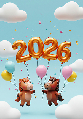 JPG 편집이미지 기념일 어린이 인형 3D캐릭터 실내 장식 파티 축제 만세 축하 즐거움 풍선 색종이 2026년 이미지편집 병오년 붉은말캐릭터 AI컴퓨터그래픽 AI콘텐츠 캐릭터 감정 종이 컨셉 모션 사람 이벤트 내부 연도 말캐릭터 파일형식