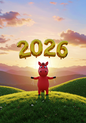JPG 편집이미지 행복 감정 하늘 새해 기념 3D캐릭터 웃음 장식 파티 축하 땅 언덕 풍선 2026년 이미지편집 병오년 붉은말캐릭터 AI컴퓨터그래픽 AI콘텐츠 캐릭터 컨셉 표정 이벤트 연도 말캐릭터 파일형식