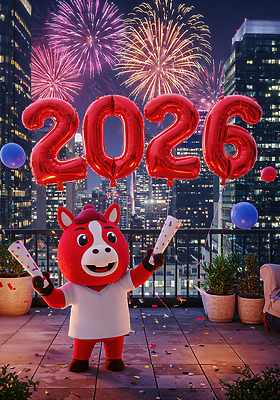 JPG 편집이미지 새해 기념 3D캐릭터 폭죽 불꽃놀이 사람 이벤트 파티 축제 축하 화려 분위기 도심 즐거움 마스코트 2026년 이미지편집 병오년 붉은말캐릭터 AI컴퓨터그래픽 AI콘텐츠 캐릭터 감정 컨셉 놀이 도시 연도 말캐릭터 파일형식