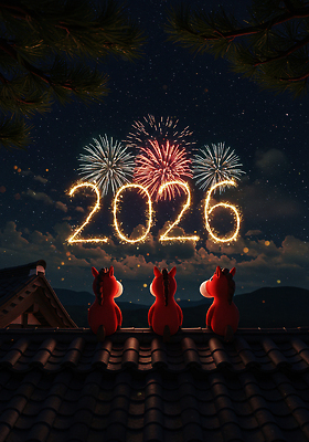 JPG 편집이미지 명절 별 자연 하늘 지붕 새해 기념 3D캐릭터 불꽃놀이 풍경 축제 축하 토끼 2026년 이미지편집 병오년 붉은말캐릭터 AI컴퓨터그래픽 AI콘텐츠 자연요소 캐릭터 전통 기념일 컨셉 포유류 놀이 반려동물 연도 생태계 말캐릭터 파일형식