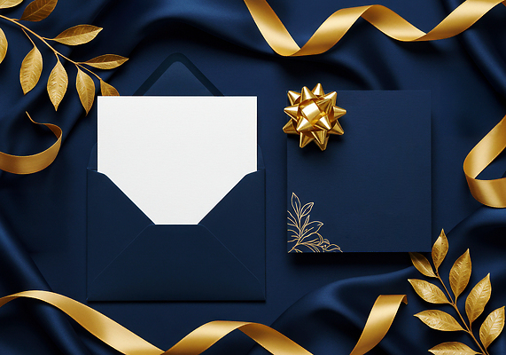 편집이미지 기념일 컬러 결혼 컨셉 카드_감사 오브젝트 파일형식 봉투 금색 리본 장식 파란색 백그라운드 고급 이벤트 특별함 디자인 선물 문구용품 결혼식 생일 이미지편집 JPG 초대장