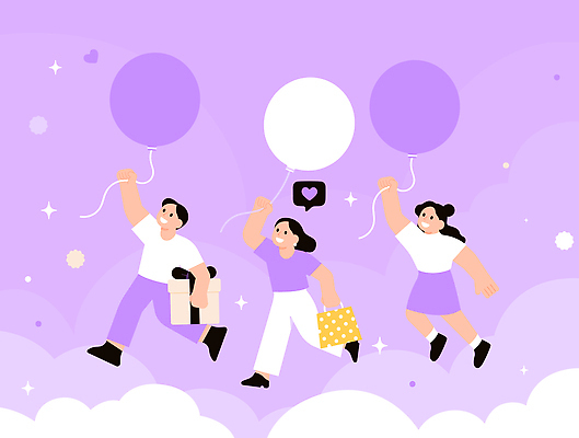 행복 컬러 일러스트 모션 상상 놀이 하늘 동화 천사 선물 웃음 친구 보라색 자유 흰색 추억 즐거움 풍선 국내일러스트 AI파일 감정 컨셉 관계 표정 파일형식 벡터