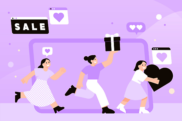 여자 일러스트 모션 선물 이벤트 쇼핑 홈페이지 세일 기쁨 하트 소비 즐거움 이미지 온라인 마케팅 소셜미디어 국내일러스트 AI파일 모양 감정 사람 파일형식 벡터