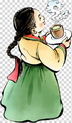 한국전통 식기 여자 아시아 어린이 컨셉 신체부위 전통의상 파일형식 전통 한복 소녀 잔 수증기 서빙 한국 문화 따뜻함 요리 손 휴식 편집이미지 PNG