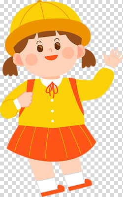 잡화 옷 교육 감정 컬러 컨셉 하의 사람 신체부위 예절 파일형식 어린이 학교 인사 노란색 주황색 치마 상의 가방 손 밝은색 귀여움 표정 행복 출발 편집이미지 PNG