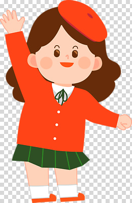 여자 교육 감정 어린이 컬러 상의 무늬 스포츠시설 관계 모션 하의 문구용품 표정 사람 공간 파일형식 소녀 학교 손흔들기 빨간색 스웨터 파란색 체크무늬 치마 운동장 행복 웃음 친구 유치원 학용품 편집이미지 PNG