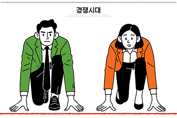 여자 남자 감정 스포츠 포즈 일러스트 비즈니스 정장 경기 초록색 주황색 경쟁 준비 긴장 심리 대치 스타일 국내일러스트 AI파일 옷 컬러 컨셉 사람 파일형식 벡터