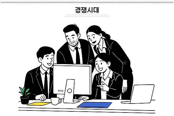 일러스트 커뮤니케이션 협력 아이디어 정장 컴퓨터 사무실 스크린 업무 작업 발표 분위기 토론 집중 동료 의견 소통 프로젝트 국내일러스트 AI파일 옷 컨셉 비즈니스 관계 전자제품 파일형식 벡터