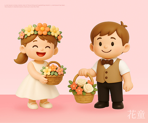 옷 여자 남자 꽃 감정 어린이 결혼 컨셉 표정 사람 3D 바구니 외투 파일형식 꽃바구니 소녀 소년 드레스 조끼 미소 나란히 순간 행복 귀여움 캐릭터 인형 축제 컬러 편집3D PSD 편집이미지 화동
