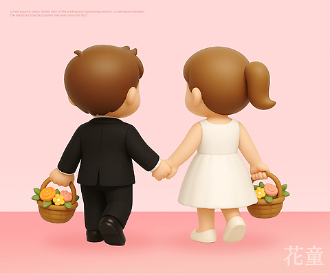 식물 감정 결혼 컨셉 관계 모션 사람 3D 파일형식 신랑 결혼식 사랑 행복 손잡기 꽃 바구니 장식 기쁨 귀여움 두명 커플 가족 연애 편집3D PSD 편집이미지 화동