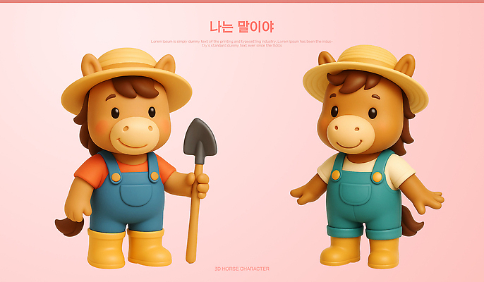 PSD 편집이미지 캐릭터 디자인 옷 어린이 분홍색 놀이 3D캐릭터 표정 친구 농장 귀여움 말_게임 삽 오브젝트 부드러움 말캐릭터 편집3D 컬러 동물캐릭터 컨셉 농업 관계 사람 3D 말_동물 감각 파일형식