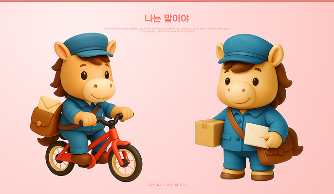 PSD 동물 편집이미지 캐릭터 분홍색 백그라운드 3D캐릭터 귀여움 자전거 아기 말_게임 편지 배송 말캐릭터 편집3D 컬러 동물캐릭터 컨셉 사람 3D 바이크 말_동물 파일형식