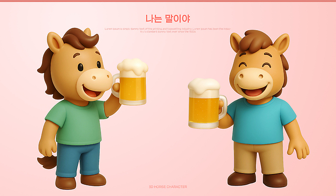 PSD 편집이미지 캐릭터 디자인 음료 조각 맥주 3D캐릭터 웃음 친구 파티 축하 말_게임 유머 놀이터 장면 말캐릭터 편집3D 감정 동물캐릭터 컨셉 관계 놀이 주류 표정 이벤트 3D 말_동물 파일형식