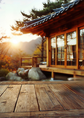 JPG 나무 편집이미지 전통 건축 자연 아침 산 한국 풍경 햇빛 고요 발코니 조화 뷰티풀 편집실사 AI컴퓨터그래픽 AI콘텐츠 주간 식물 아시아 태양 CG 생태계 파일형식