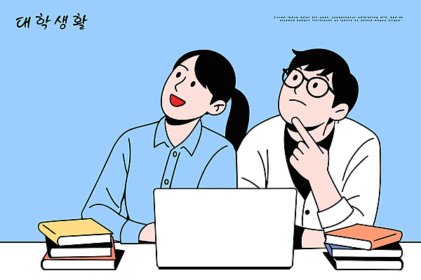 대학생 백그라운드 셔츠 일러스트 협력 아이디어 대화 책 친구 노트북 학습 청춘 교양 청바지 분위기 토론 고민 대학교 프로젝트 국내일러스트 AI파일 학생 교육 감정 컨셉 상의 바지 학교 관계 말하기 전자제품 파일형식 벡터