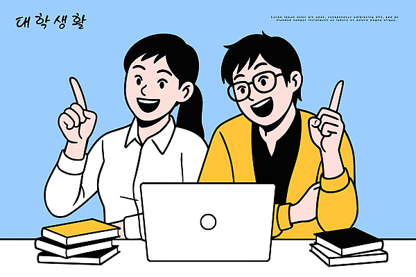 학생 교육 일러스트 협력 대화 웃음 책 노트북 학습 청춘 캠퍼스라이프 교양 동료 모던 대학교 파란배경 열정 창의성 상호작용 국내일러스트 AI파일 라이프스타일 감정 백그라운드 컨셉 학교 관계 표정 말하기 파란색 전자제품 파일형식 벡터