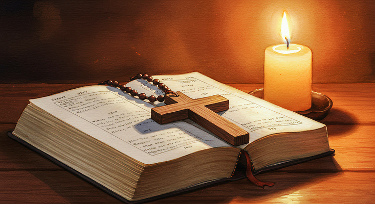 JPG 나무 전통 종교 문화 일러스트 촛불 빛 독서 평화 성경 고요 방 기도 저녁 묵주 영감 국내일러스트 식물 컨셉 초 종교용품 야간 파일형식