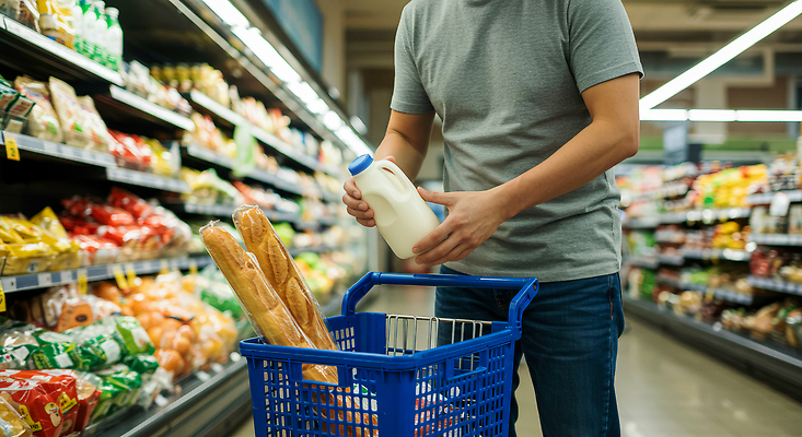 JPG 편집이미지 남자 음료 음식 빵 채소 과일 디저트 쇼핑 장보기 우유 소비 구매 장바구니 진열장 슈퍼마켓 의료성형뷰티 편집실사 유제품 사람 바구니 상점 CG 파일형식