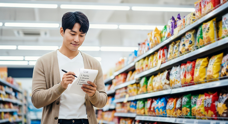 JPG 편집이미지 남자 음식 쇼핑 장보기 과자 구매 고객 오브젝트 진열장 쇼핑리스트 슈퍼마켓 목록 식사준비 체크리스트 의료성형뷰티 편집실사 디저트 사람 상점 CG 준비 파일형식