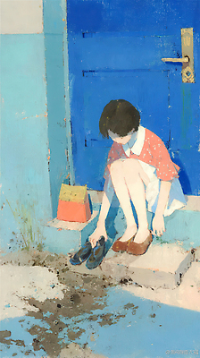 JPG 드레스 신발 일러스트 자연 거리 실내 앉기 풍경 소녀 일상 여름 주황색 청록색 조용 신발주머니 천천히 물림 국내일러스트 옷 계절 여자 어린이 컬러 가방 모션 내부 라이프 생태계 파일형식