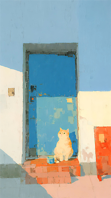 JPG 벽 일러스트 아침 따뜻함 야외 일상 앞모습 파란색 햇빛 문 평화 귀여움 고양이 도시 조용 색감 오후 국내일러스트 주간 뷰포인트 컬러 컨셉 포유류 라이프 반려동물 태양 파일형식