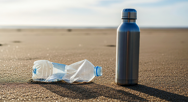 JPG 편집이미지 모래 바다 자연 건강 해변 환경 오염 보호 쓰레기 플라스틱 물병 자원 보온병 스테인레스 편집실사 컨셉 재질 물통 CG 생태계 파일형식