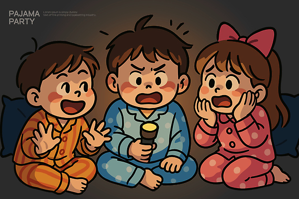 감정 일러스트 모션 놀이 표정 이야기 친구 파티 어둠 놀람 꿈 방 잠옷 즐거움 파자마파티 장면 호롱불 국내일러스트 AI파일 옷 관계 조명 이벤트 파일형식 벡터