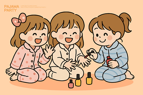 손 행복 컬러 일러스트 장난 가족 모션 놀이 함께함 웃음 소녀 여름 친구 파티 잠옷 네일아트 즐거움 매니큐어 파자마파티 국내일러스트 AI파일 옷 계절 여자 감정 어린이 컨셉 관계 표정 이벤트 신체부위 뷰티 화장품 파일형식 벡터