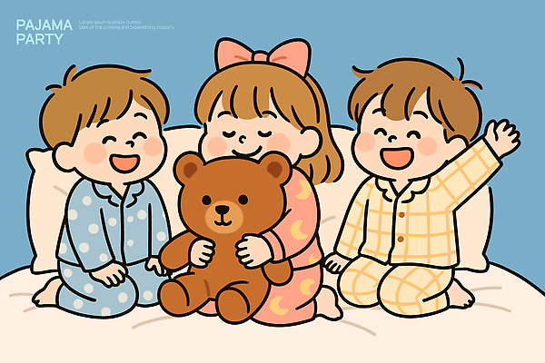 행복 어린이 프로포즈 일러스트 가족 놀이 아침 따뜻함 웃음 취미 파티 유치원 곰인형 잠옷 침대 추억 즐거움 파자마파티 국내일러스트 AI파일 주간 옷 교육 감정 인형 가구 컨셉 관계 표정 사람 이벤트 파일형식 벡터