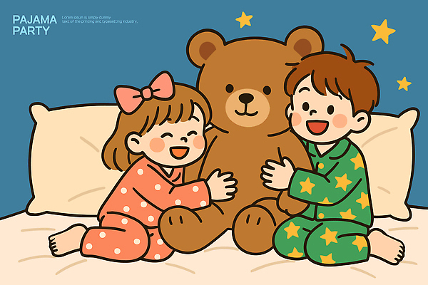 행복 별 어린이 일러스트 가족 포옹 놀이 아침 따뜻함 웃음 친구 장난감 파티 곰인형 방 잠옷 편안함 즐거움 파자마파티 국내일러스트 AI파일 주간 자연요소 옷 감정 인형 관계 안기 표정 사람 이벤트 감각 파일형식 벡터