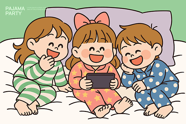 행복 감정 어린이 컬러 일러스트 모션 놀이 휴식 함께함 웃음 친구 태블릿 파티 잠옷 만남 게임 침대 저녁 즐거움 파자마파티 소통 국내일러스트 AI파일 옷 가구 컨셉 관계 표정 사람 이벤트 전자제품 스마트기기 야간 파일형식 벡터