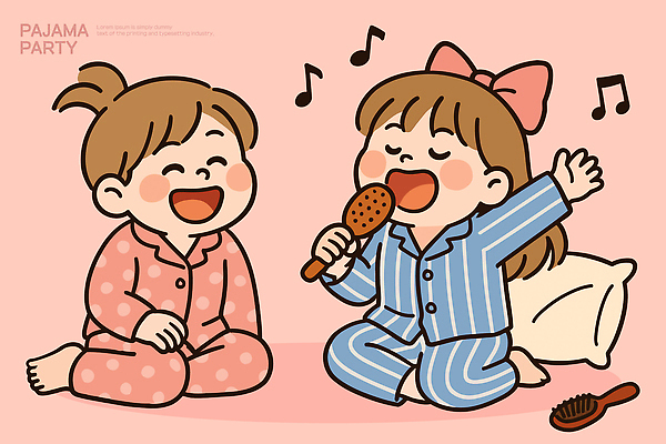 여유 어린이 음악 일러스트 노래 모션 놀이 웃음 두명 친구 장난감 파티 기쁨 잠옷 만남 즐거움 파자마파티 국내일러스트 AI파일 옷 감정 컨셉 관계 문화예술 표정 사람 이벤트 파일형식 벡터