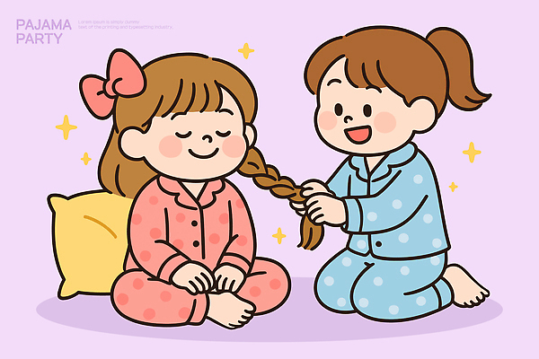 컬러 패턴 일러스트 장난 가정 놀이 따뜻함 대화 사랑 친구 파티 귀여움 잠옷 아기 머리띠 즐거움 파자마파티 국내일러스트 AI파일 옷 감정 컨셉 무늬 장신구 관계 말하기 사람 이벤트 파일형식 벡터