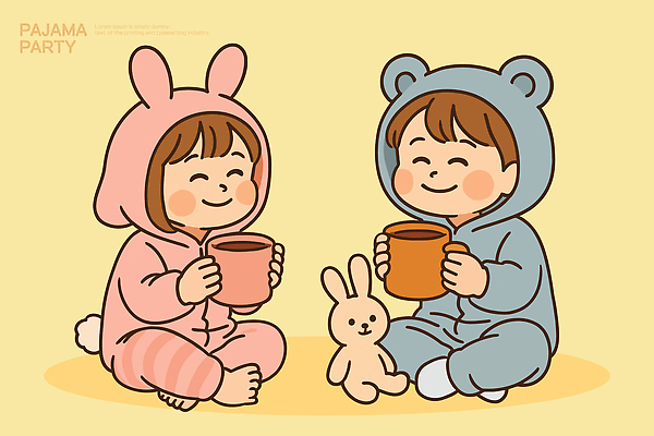 캐릭터 커피 어린이 인형 분홍색 컬러 하늘색 일러스트 모션 놀이 웃음 컵 친구 파티 귀여움 잠옷 토끼 즐거움 파자마파티 착용 국내일러스트 AI파일 식기 옷 감정 음료 컨셉 포유류 관계 표정 사람 이벤트 파란색 반려동물 파일형식 벡터