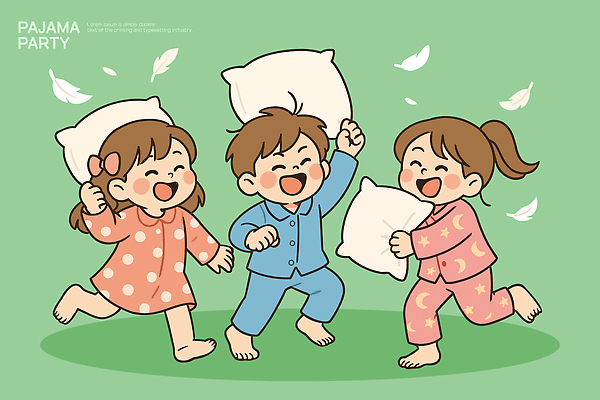 행복 어린이 컬러 일러스트 장난 가족 베개 모션 놀이 웃음 친구 달리기 파티 잠옷 아기 즐거움 싸움 파자마파티 소통 국내일러스트 AI파일 옷 감정 컨셉 관계 침구 표정 사람 이벤트 파일형식 벡터
