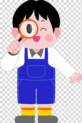 편집이미지 어린이 표정 작업복 웃음 소년 파란색 장난감 귀여움 탐험 흰색 호기심 확대경 PNG 발견 옷 남자 감정 컬러 컨셉 사람 파일형식