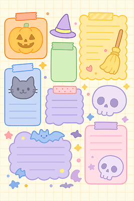 캐릭터 디자인 컬러 백그라운드 스티커 패턴 일러스트 호박 문구용품 해골 아이디어 장식 귀여움 고양이 할로윈 메모지 유령 빗자루 마법사모자 국내일러스트 AI파일 모자_잡화 컨셉 무늬 채소 포유류 뼈 반려동물 사무용품 청소도구 오브젝트 파일형식 벡터