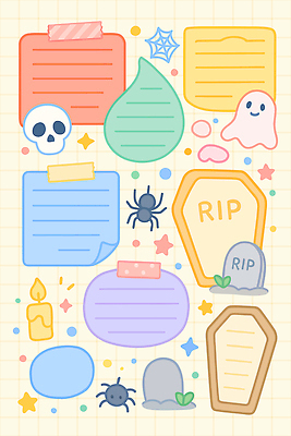 캐릭터 디자인 컬러 백그라운드 스티커 일러스트 해골 장식 장난감 귀여움 할로윈 무덤 메모지 시장 유령 즐거움 공포 테마 국내일러스트 AI파일 감정 컨셉 뼈 사무용품 파일형식 벡터