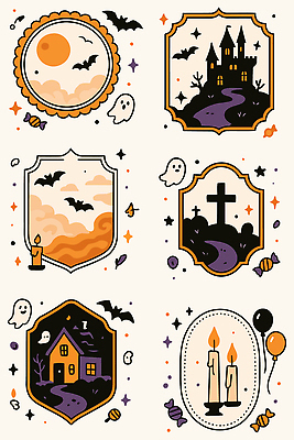 캐릭터 디자인 일러스트 초 주택 프레임 사탕 풍경 장식 검은색 주황색 할로윈 성 분위기 유령 저녁 배지 박쥐 풍선 Halloween 국내일러스트 AI파일 건축물 컬러 컨셉 포유류 디저트 건물 야간 파일형식 벡터