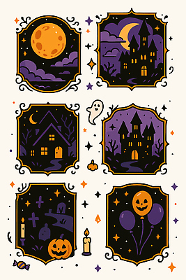 캐릭터 디자인 감정 컬러 스티커 일러스트 호박 해골 프레임 풍경 장식 축제 할로윈 성 분위기 유령 신비 그림 공포 마법 아이템 국내일러스트 AI파일 건축물 컨셉 채소 뼈 파일형식 벡터