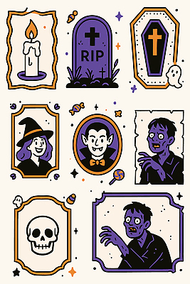 캐릭터 상징 일러스트 해골 프레임 장식 초콜릿 축제 할로윈 달콤 유령 신비 비석 즐거움 마녀 공포 마법 드라큘라 국내일러스트 AI파일 감정 컨셉 디저트 뼈 맛 파일형식 벡터