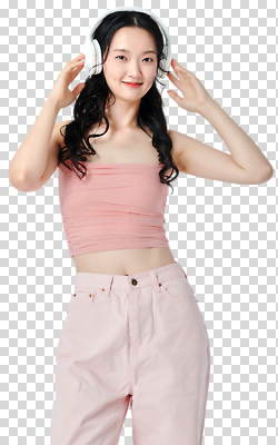 편집이미지 여자 패션 행복 감정 음악 분홍색 상의 바지 표정 청춘 헤드폰 소리 분위기 즐거움 PNG 스타일 옷 컬러 음향기기 컨셉 하의 문화예술 사람 파일형식 전자제품