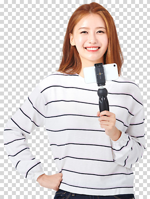 1 감정 컬러 컨셉 무늬 표정 사람 전자제품 핸드폰 스마트기기 파일형식 한명 여자 성인 셀카봉 웃음 포즈 행복 흰색 줄무늬 패션 즐거움 소통 카메라 스마트폰 유행 편집이미지 PNG