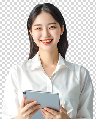 편집이미지 학생 여자 감정 셔츠 대화 웃음 태블릿 사무실 과학기술 직장인 PNG 소통 직업 컨셉 상의 비즈니스 기술 표정 말하기 사람 전자제품 스마트기기 파일형식