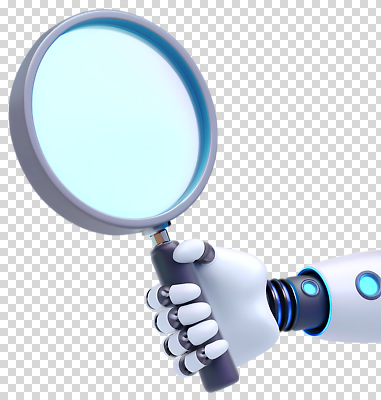 컬러 컨셉 신체부위 파일형식 로봇 확대경 탐색 기계 손 기술 디자인 과학 분석 검사_조사 AI_인공지능 실험 파란색 흰색 편집이미지 PNG