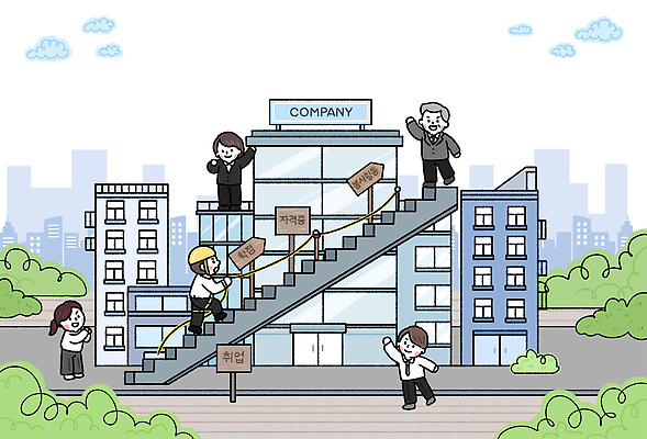 건축물 감정 다수 컨셉 회사 비즈니스 사람 도시 파일형식 구직 개발 계단 도심 일자리 여러명 긍정적 노력 건물 직장 상승 모션 모임 응원 성장 기회 PSD 일러스트 국내일러스트 채용