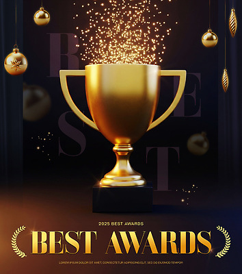 템플릿 컨셉 모션 이벤트 연도 상_우승 파일형식 트로피 황금 장식 반짝임 시상식 2025년 기념 성공 축하 디자인 기념일 조명 백그라운드 이미지템플릿 PSD
