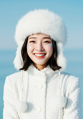 JPG 편집이미지 행복 얼굴 바다 겨울 날씨 눈꽃 따뜻함 웃음 풍경 소녀 해변 장식 귀여움 흰색 편집실사 계절 여자 감정 어린이 컬러 컨셉 눈_날씨 표정 신체부위 CG 파일형식